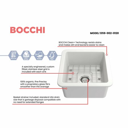 BOCCHI 18 in W x 18 in L x 8 in H, Fireclay, Fireclay Kitchen Sink 1359-002-0120